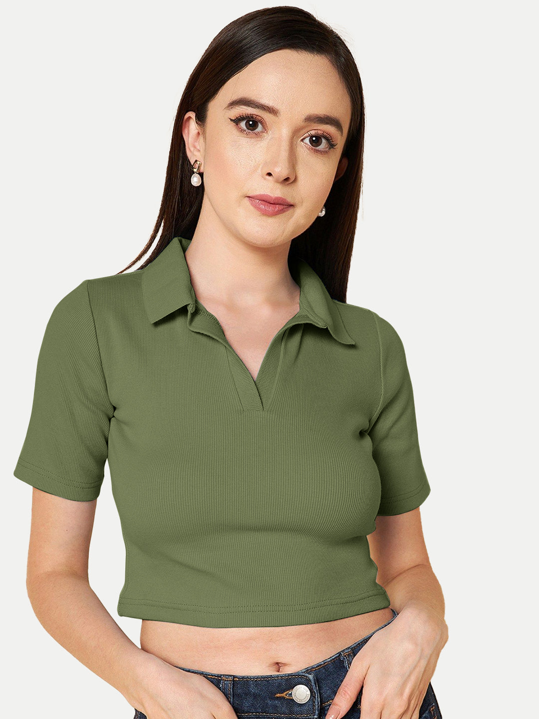 Radprix Women Olive Cropped Rib Polo T shirts