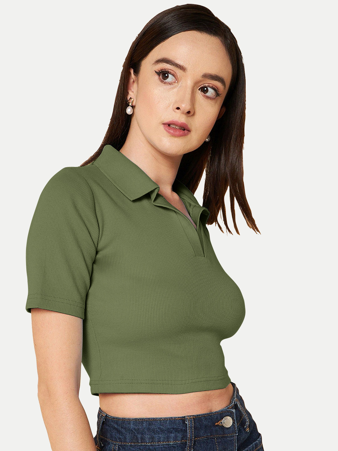 Radprix Women Olive Cropped Rib Polo T shirts