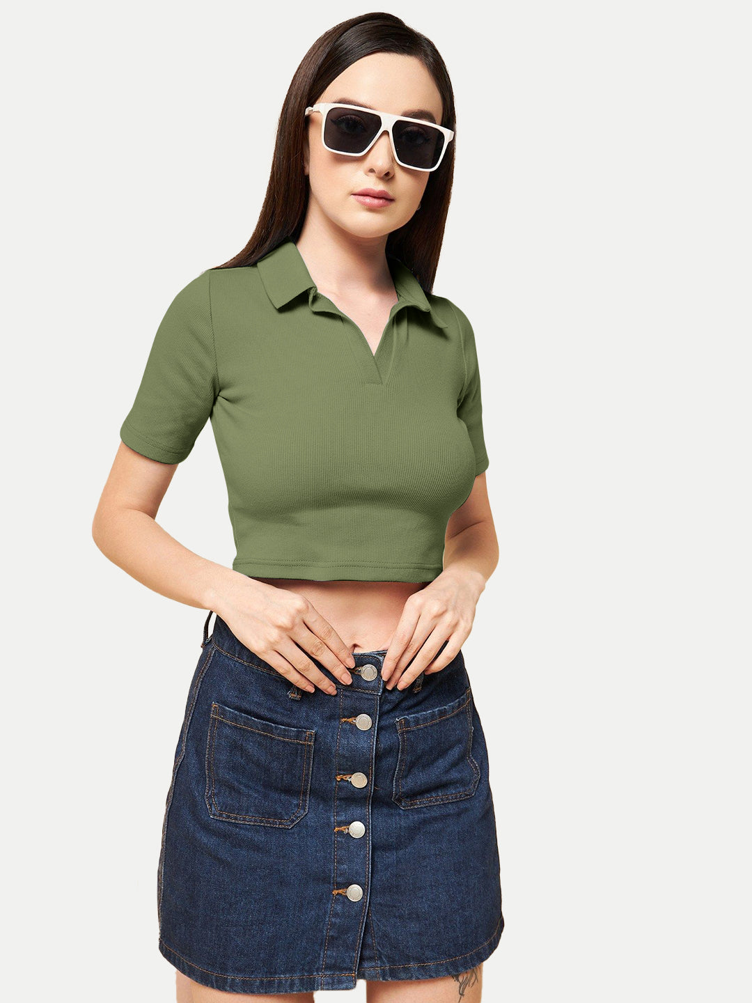 Radprix Women Olive Cropped Rib Polo T shirts