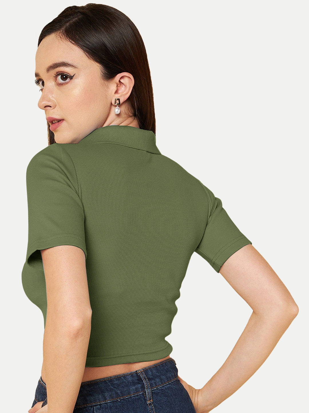 Radprix Women Olive Cropped Rib Polo T shirts