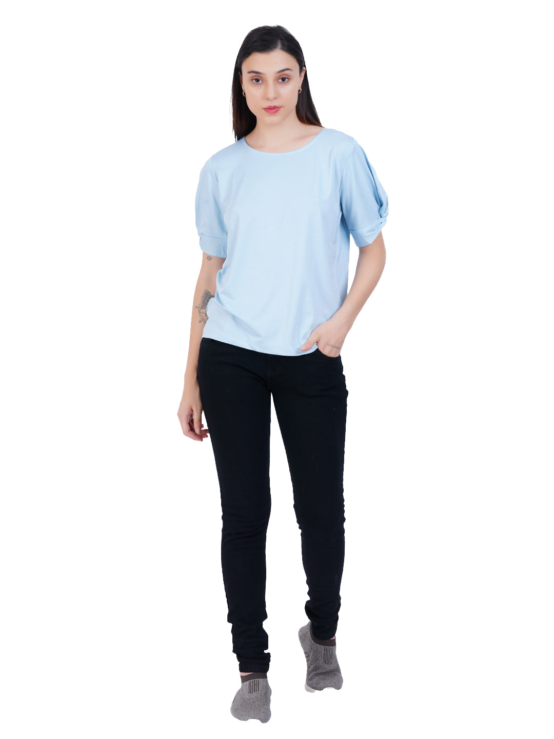 Radprix Women Sky Blue Round neck Tops