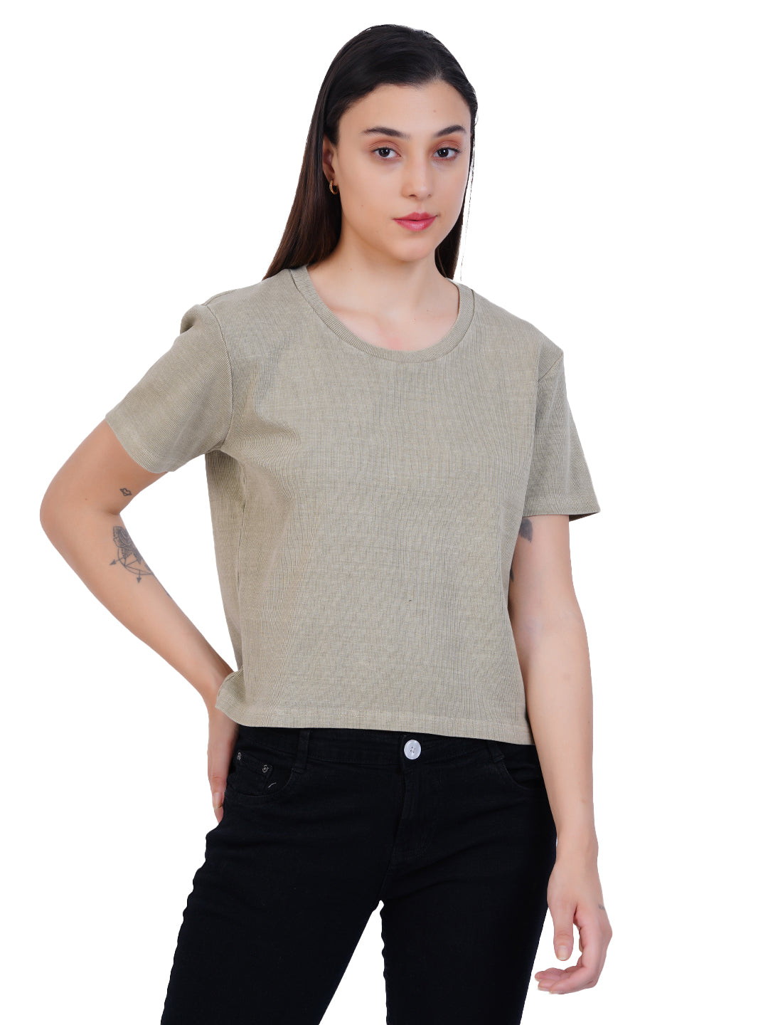 Radprix Women Garment dye knit Sage Green Ribbed Top