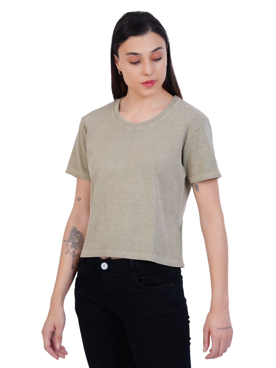 Radprix Women Garment dye knit Sage Green Ribbed Top