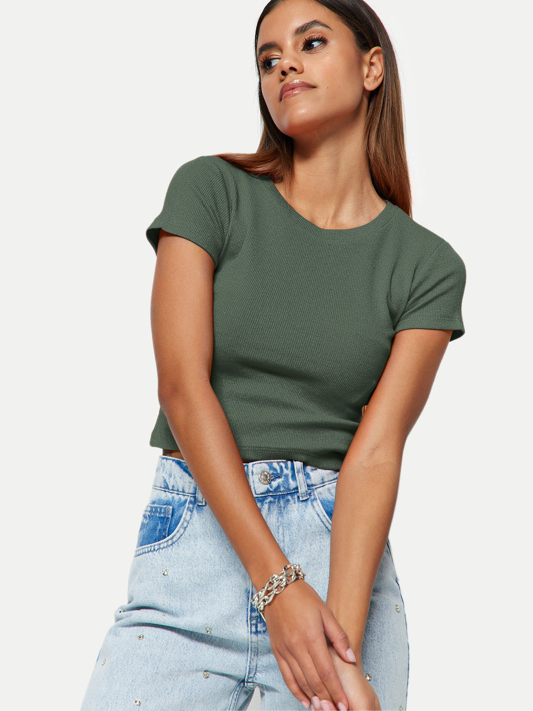 Radprix Women Solid Sage Green Ribbed Top