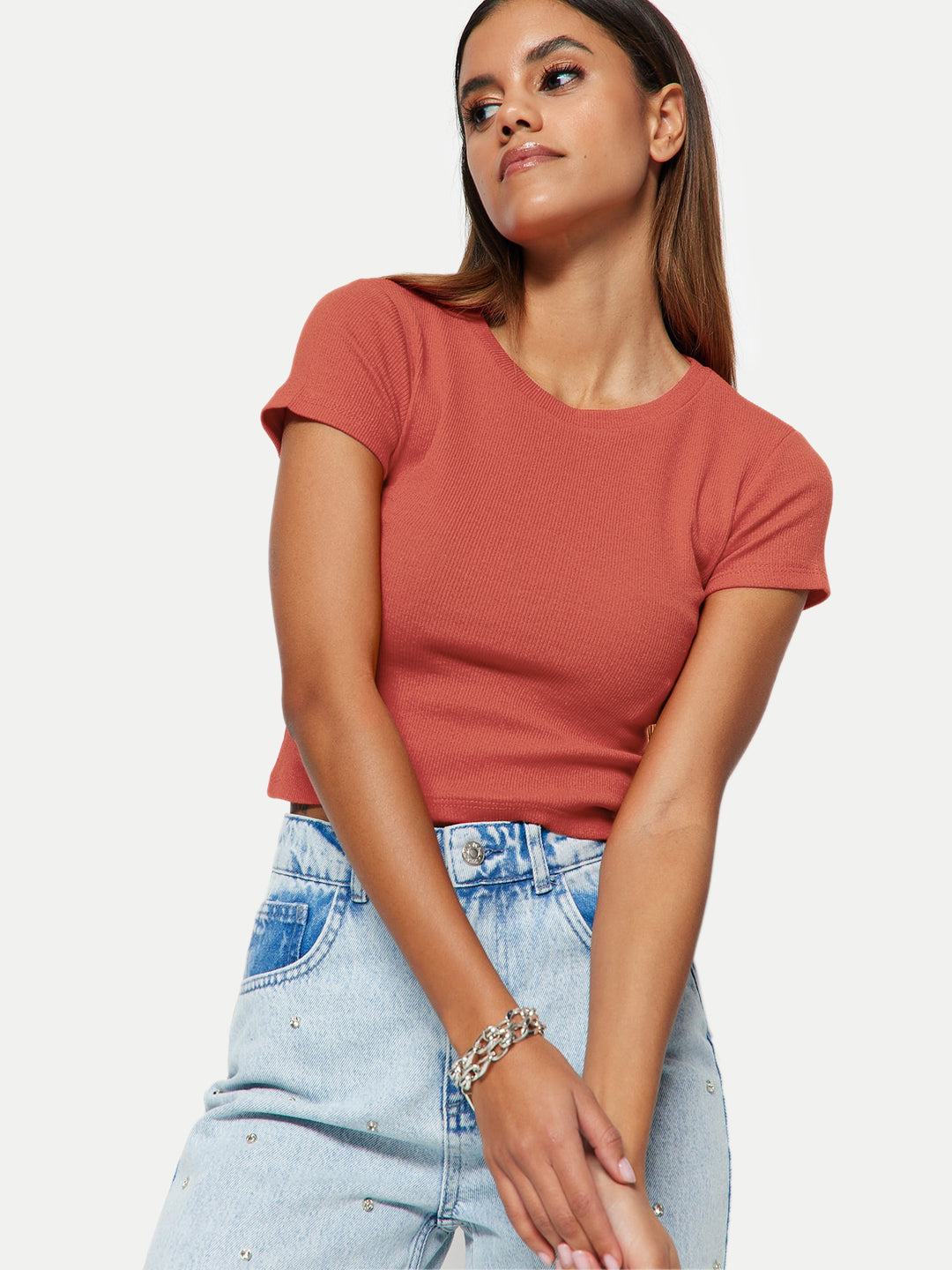 Radprix Women Solid Rust Ribbed Top