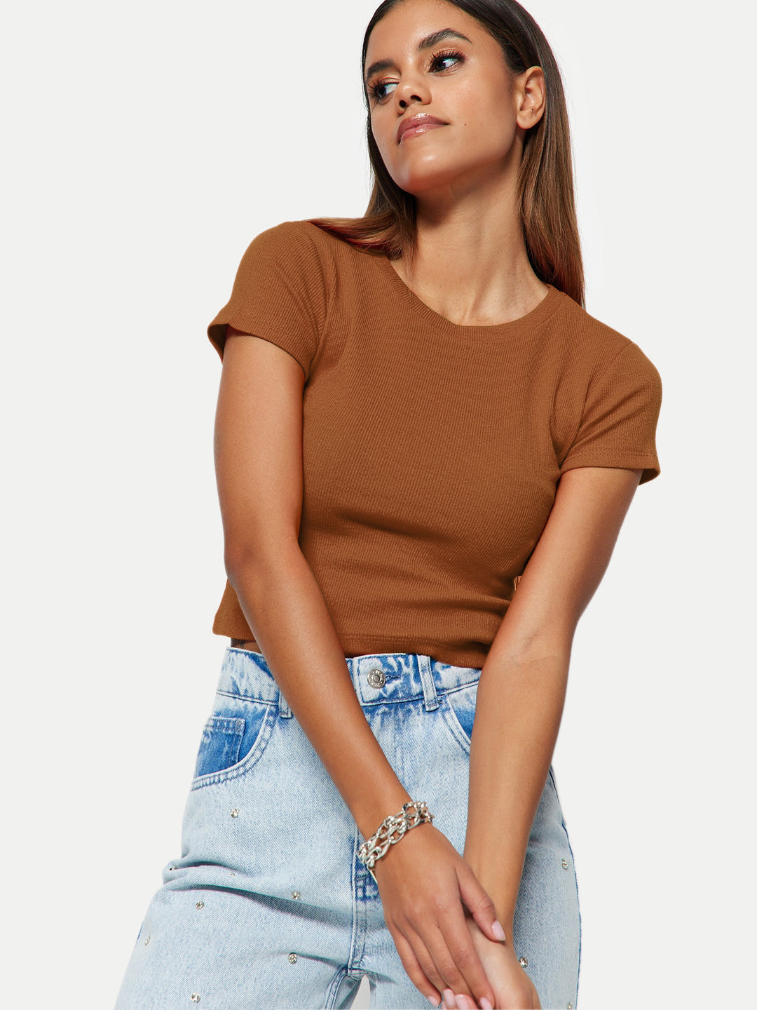 Radprix Women Solid Brown Ribbed Top