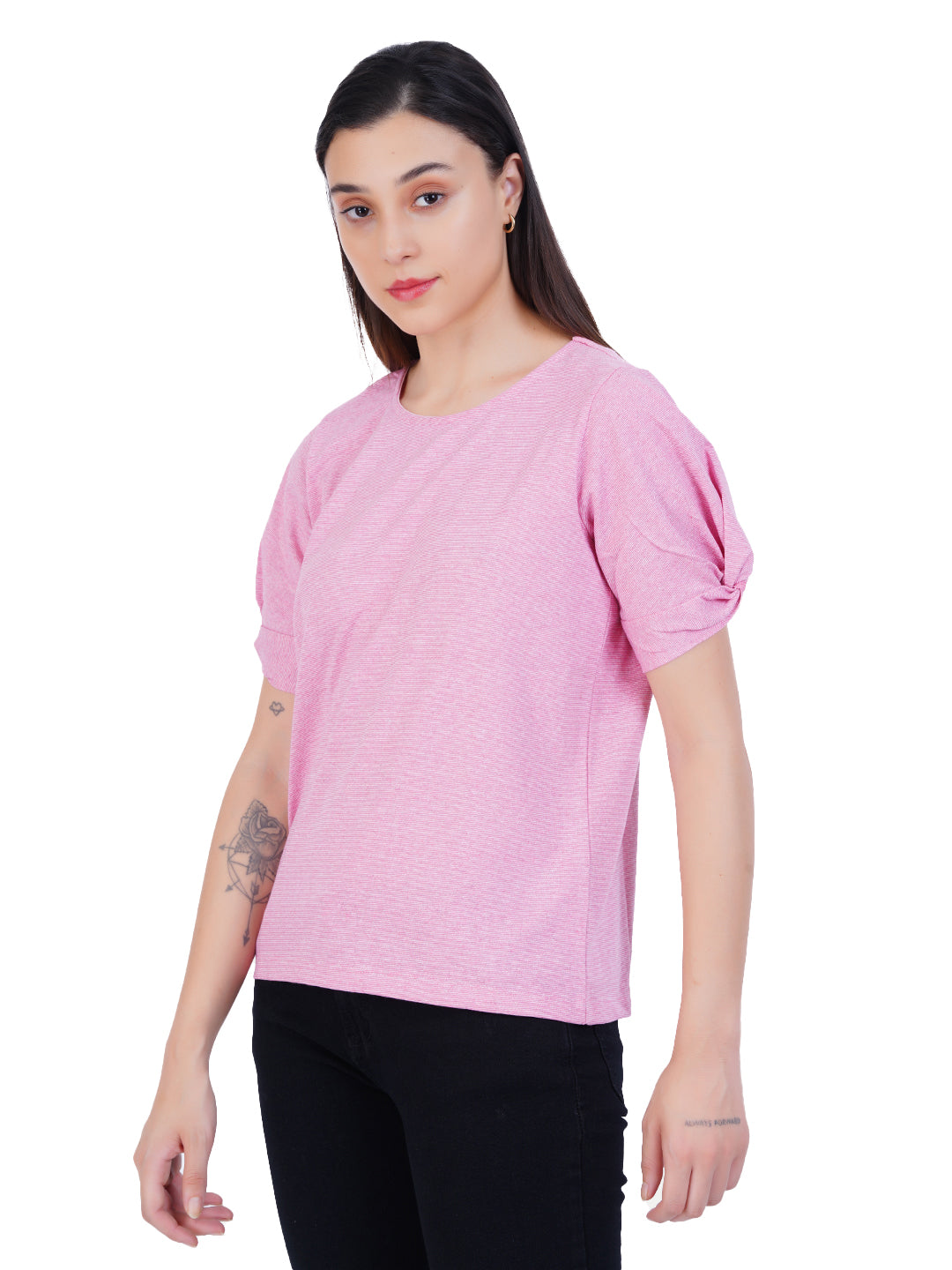 Radprix Women Light Pink Round neck Stripe Tops