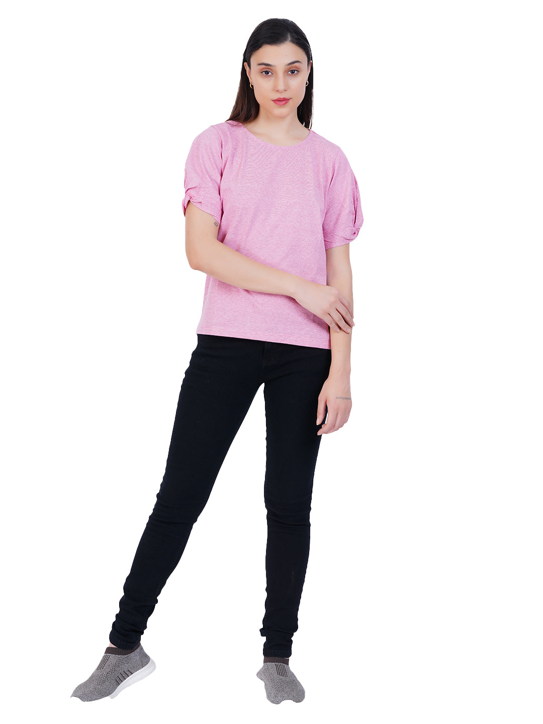 Radprix Women Light Pink Round neck Stripe Tops