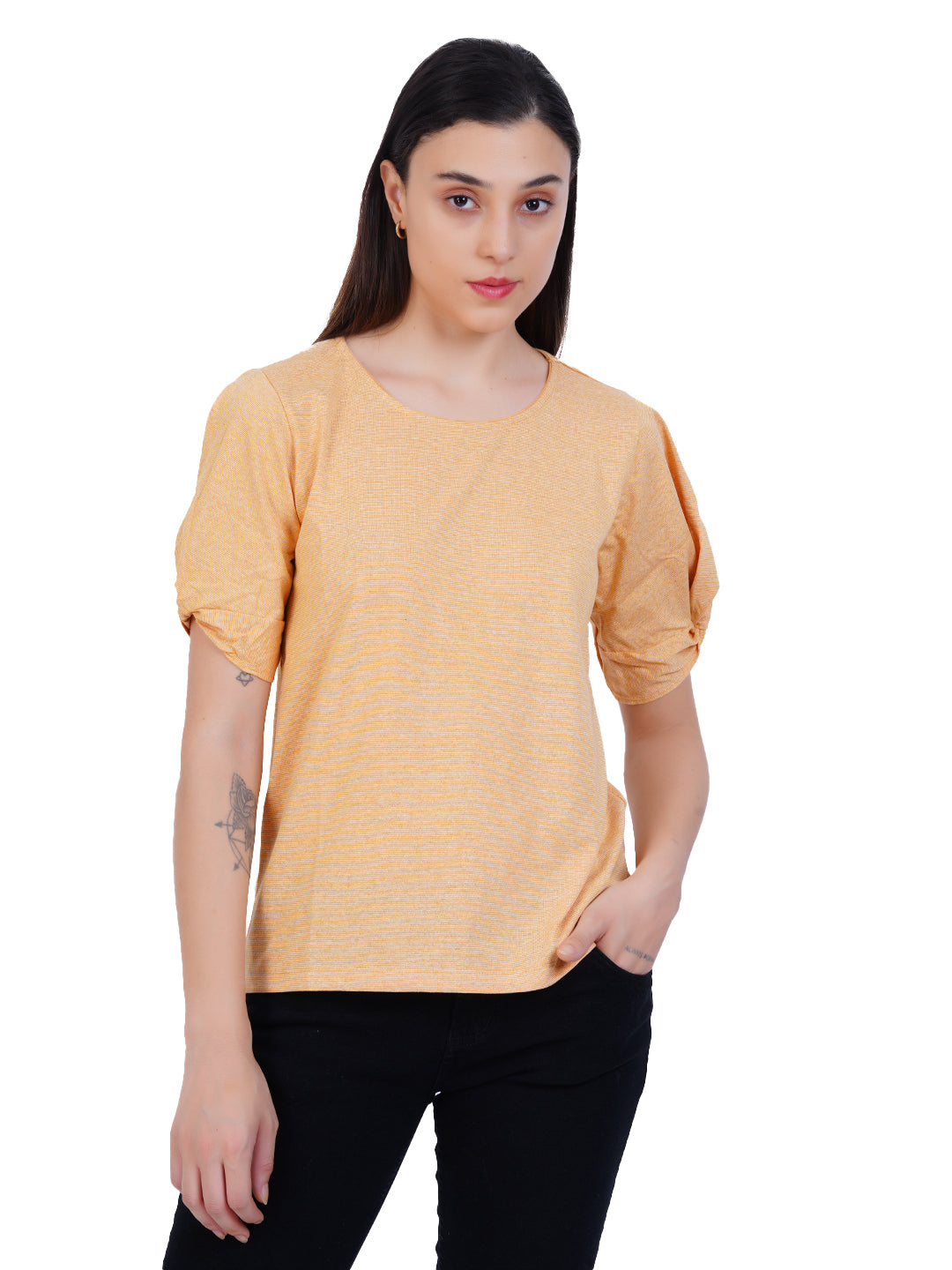 Radprix Women Gold Round neck Stripe Tops