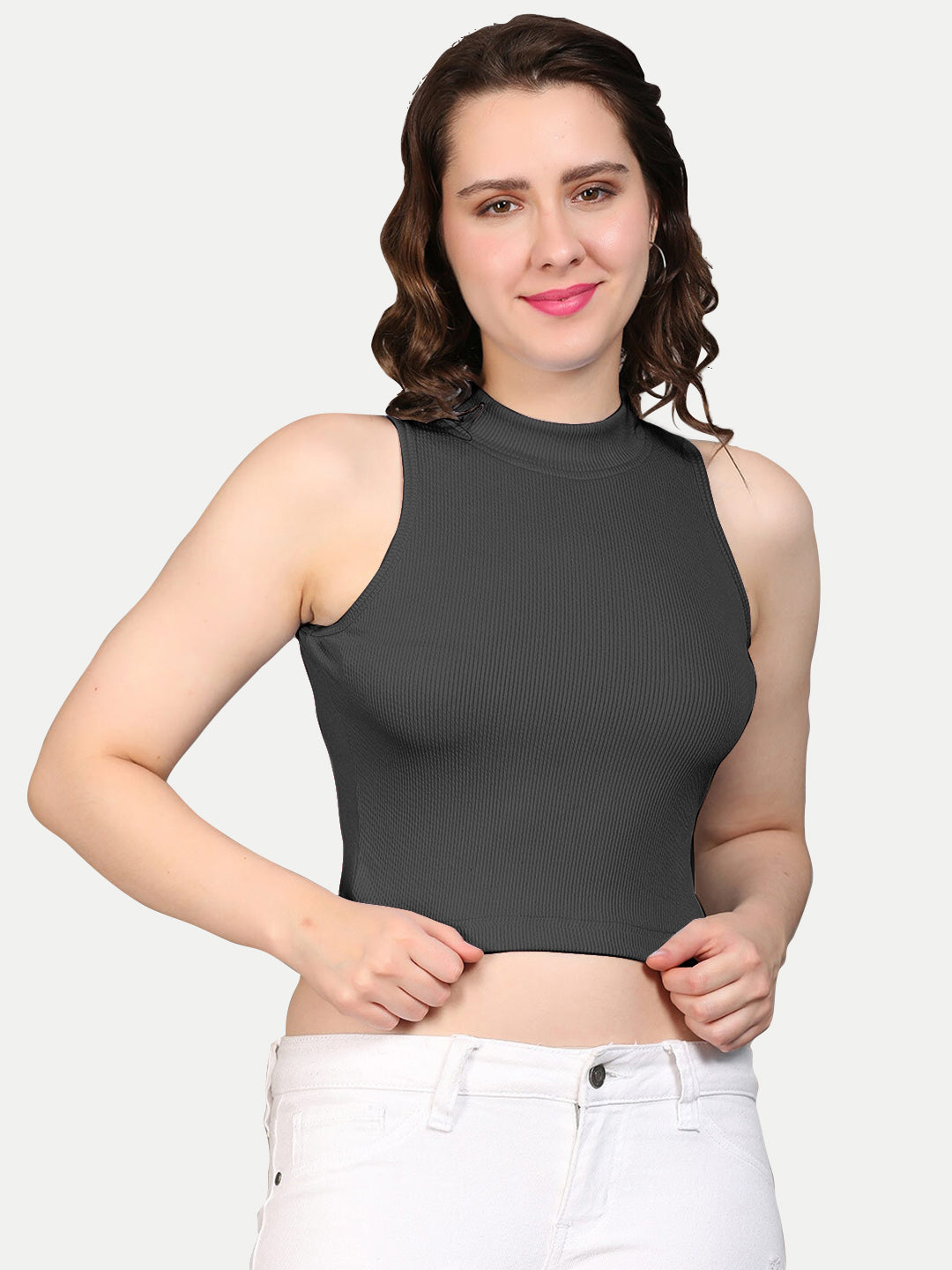 Radprix Women charcoal Black Rib Knit Crop Tank Top