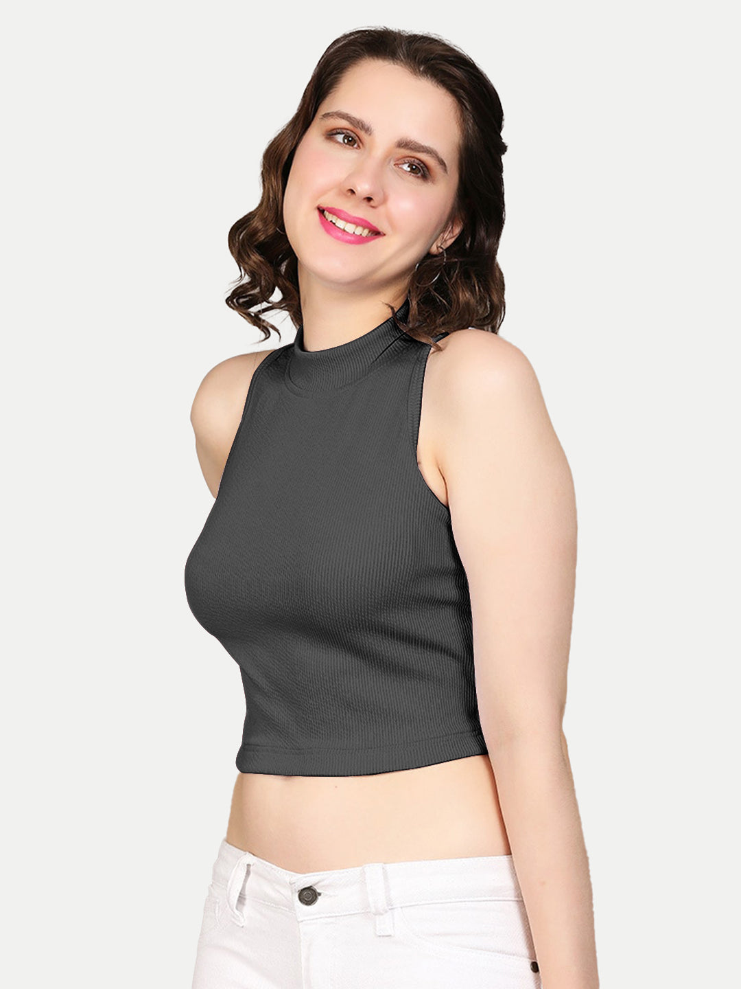 Radprix Women charcoal Black Rib Knit Crop Tank Top