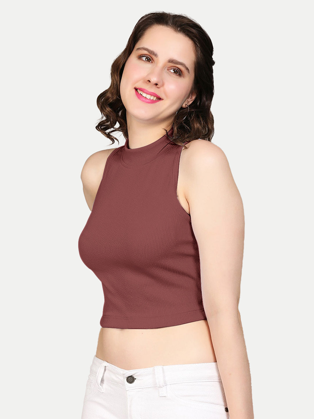 Radprix Women Maroon Rib Knit Crop Tank Top