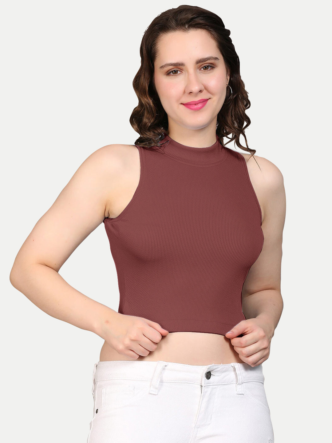 Radprix Women Maroon Rib Knit Crop Tank Top