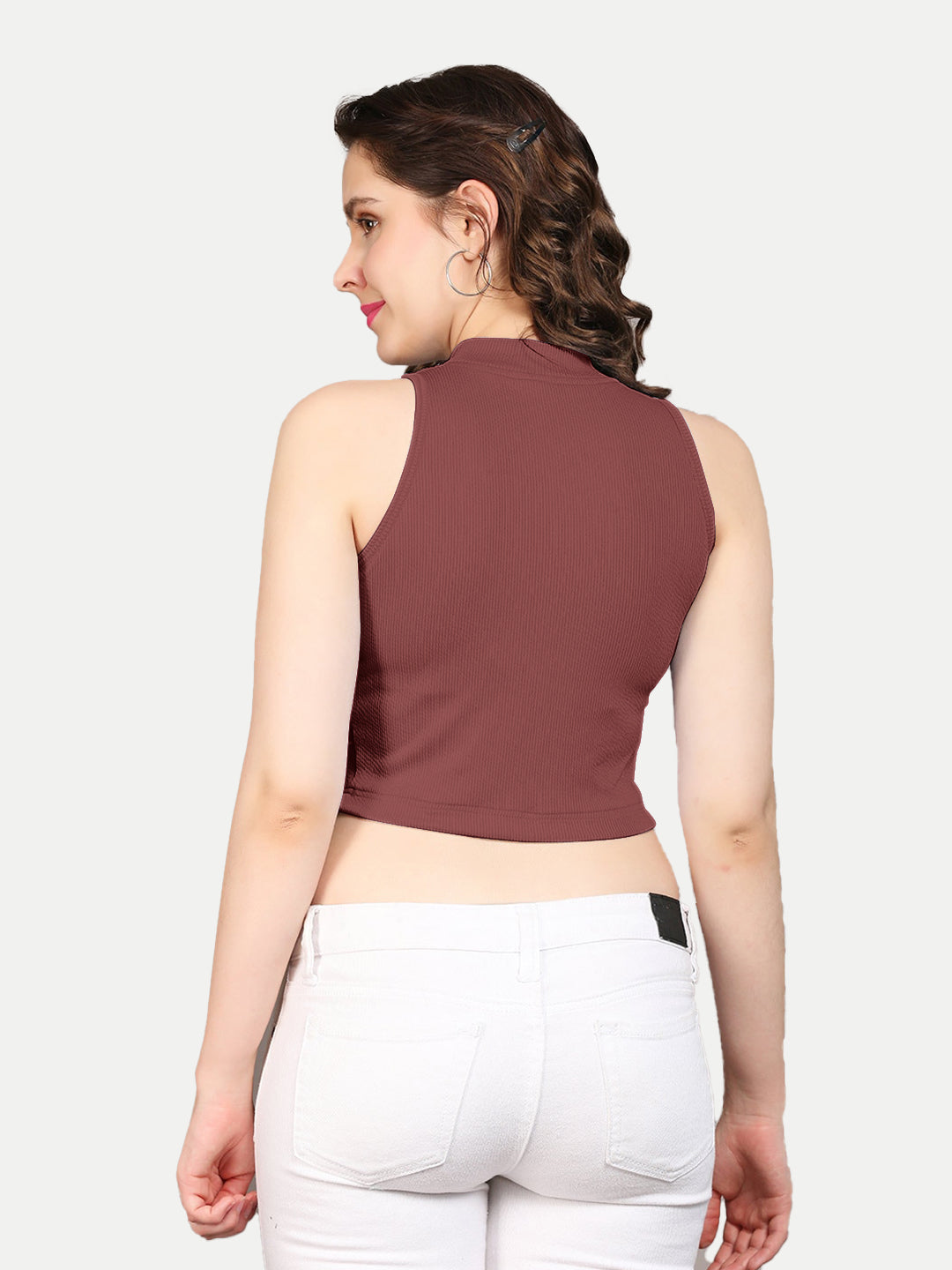 Radprix Women Maroon Rib Knit Crop Tank Top