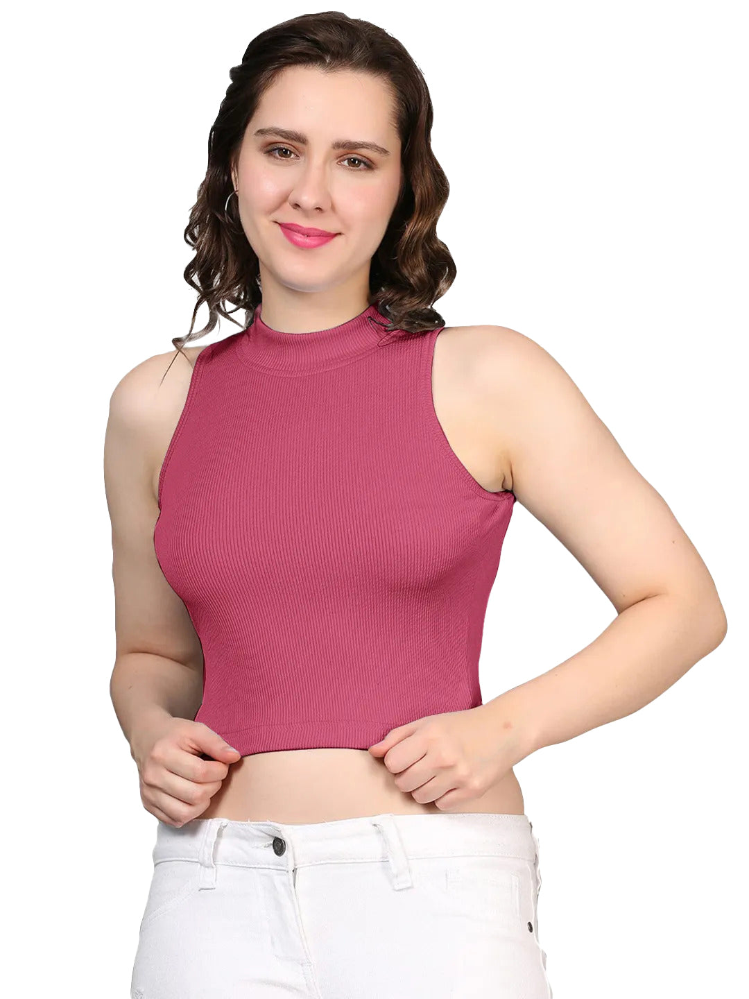 Radprix Women Dark Pink Rib Knit Crop Tank Top