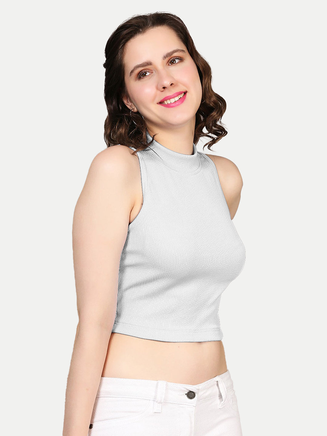 Radprix Women White Rib Knit Crop Tank Top