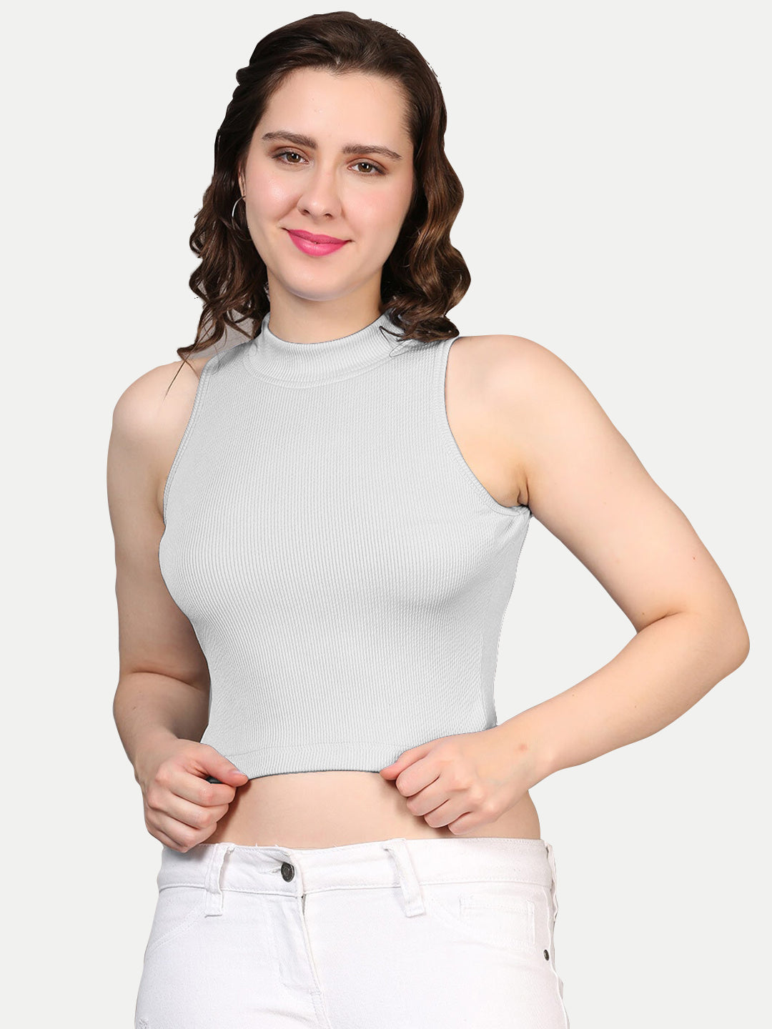 Radprix Women White Rib Knit Crop Tank Top