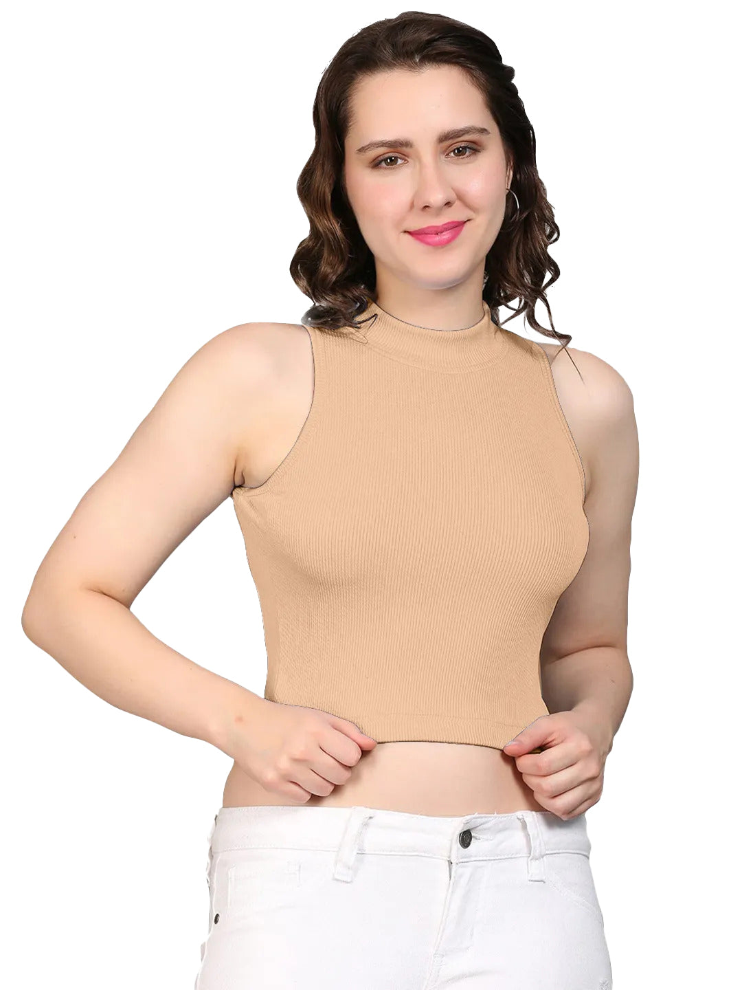 Radprix Women Beige Rib Knit Crop Tank Top