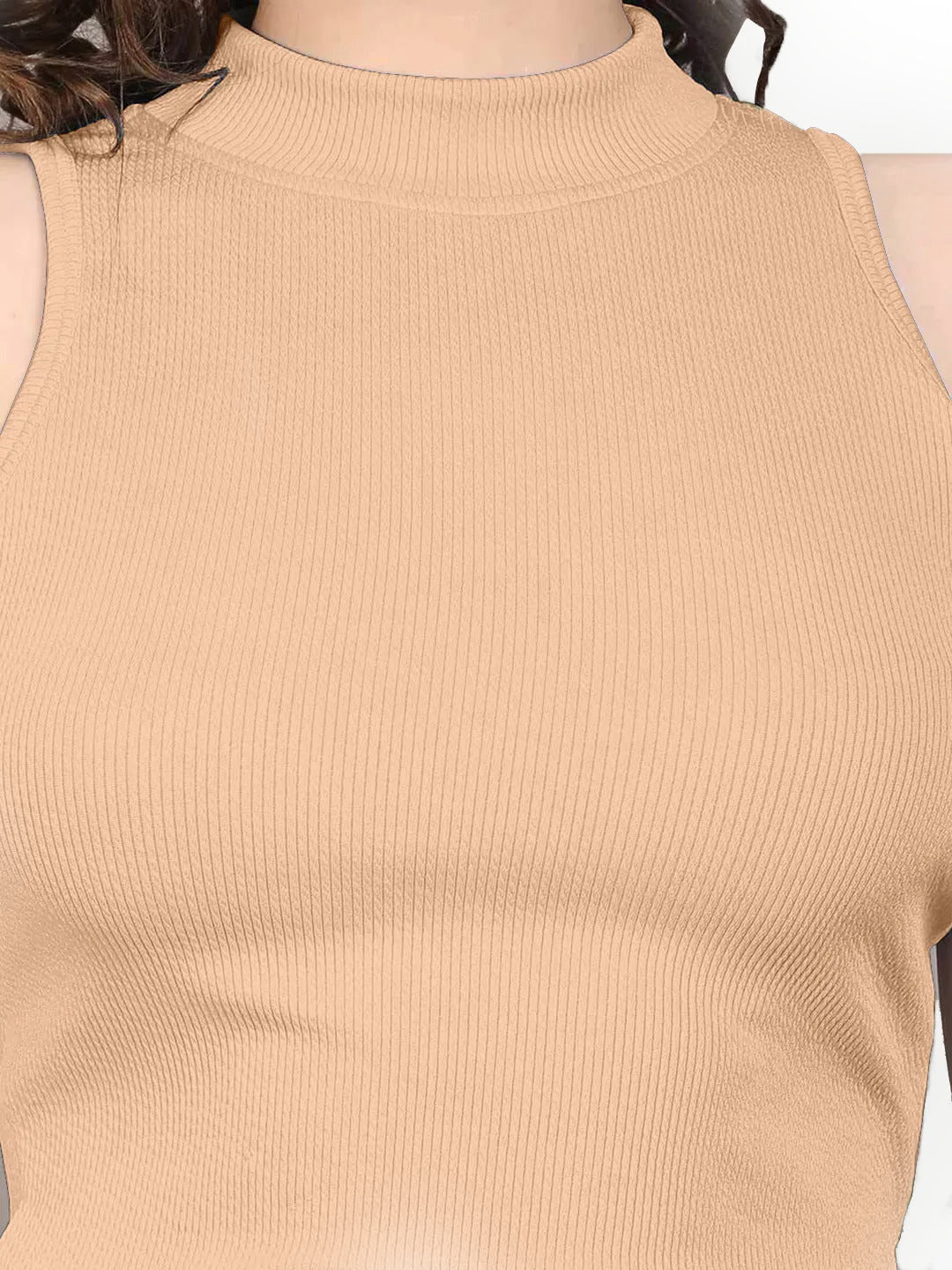 Radprix Women Beige Rib Knit Crop Tank Top