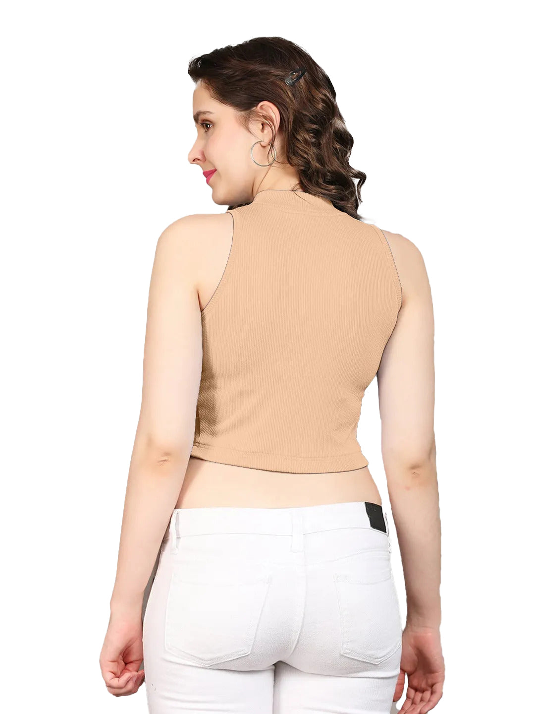 Radprix Women Beige Rib Knit Crop Tank Top