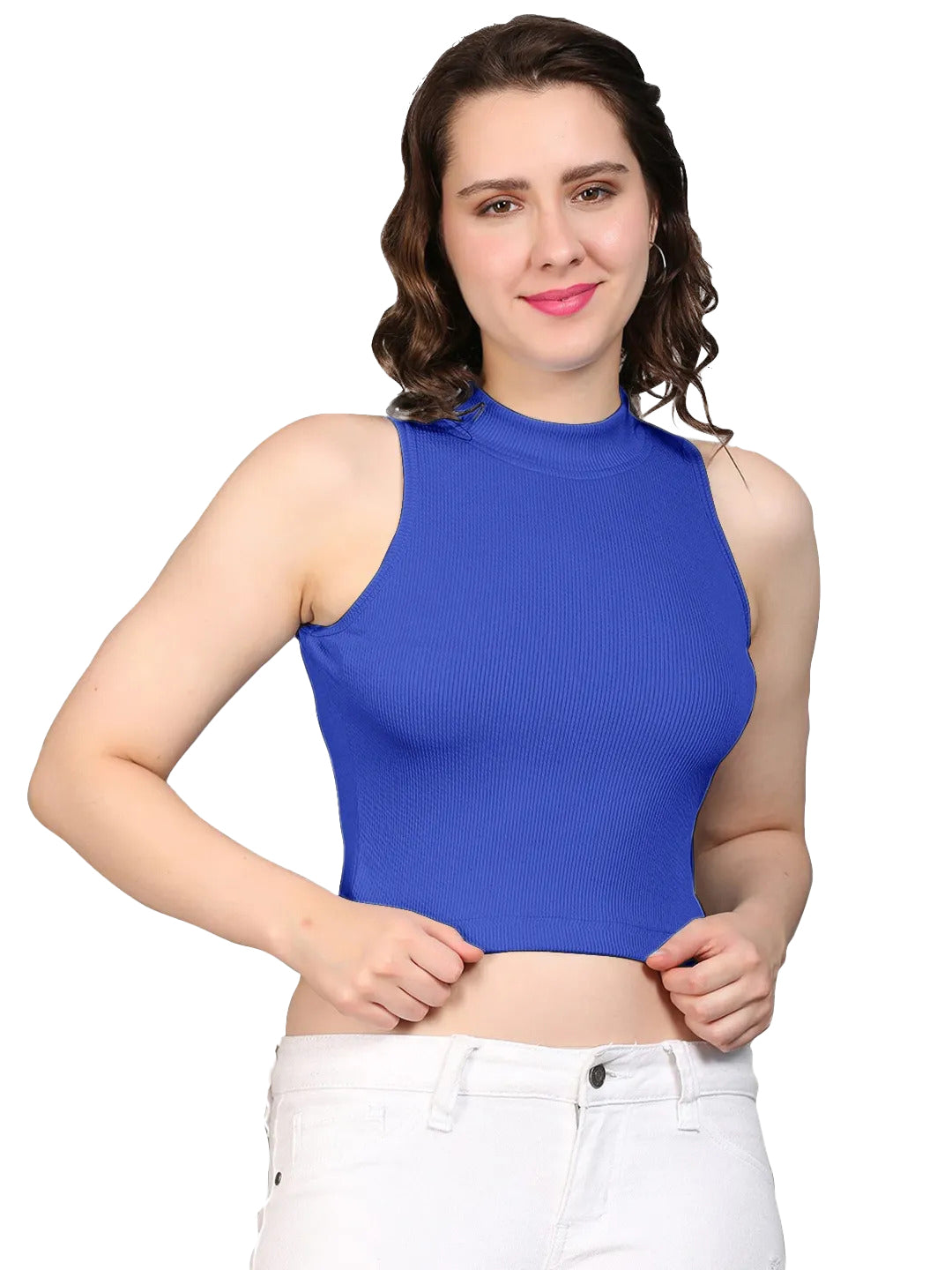 Radprix Women Royal Blue Rib Knit Crop Tank Top