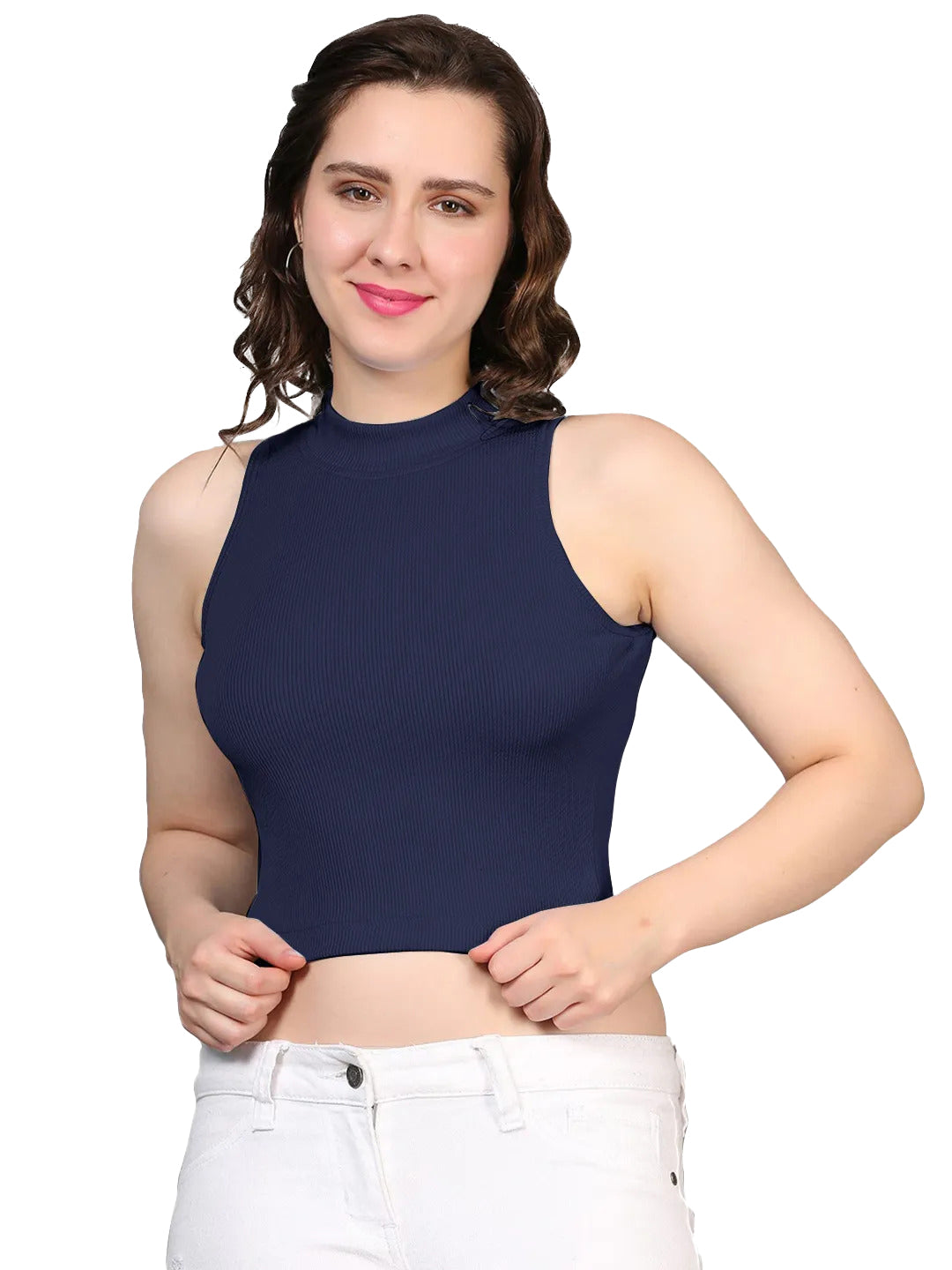 Radprix Women Navy Blue Rib Knit Crop Tank Top