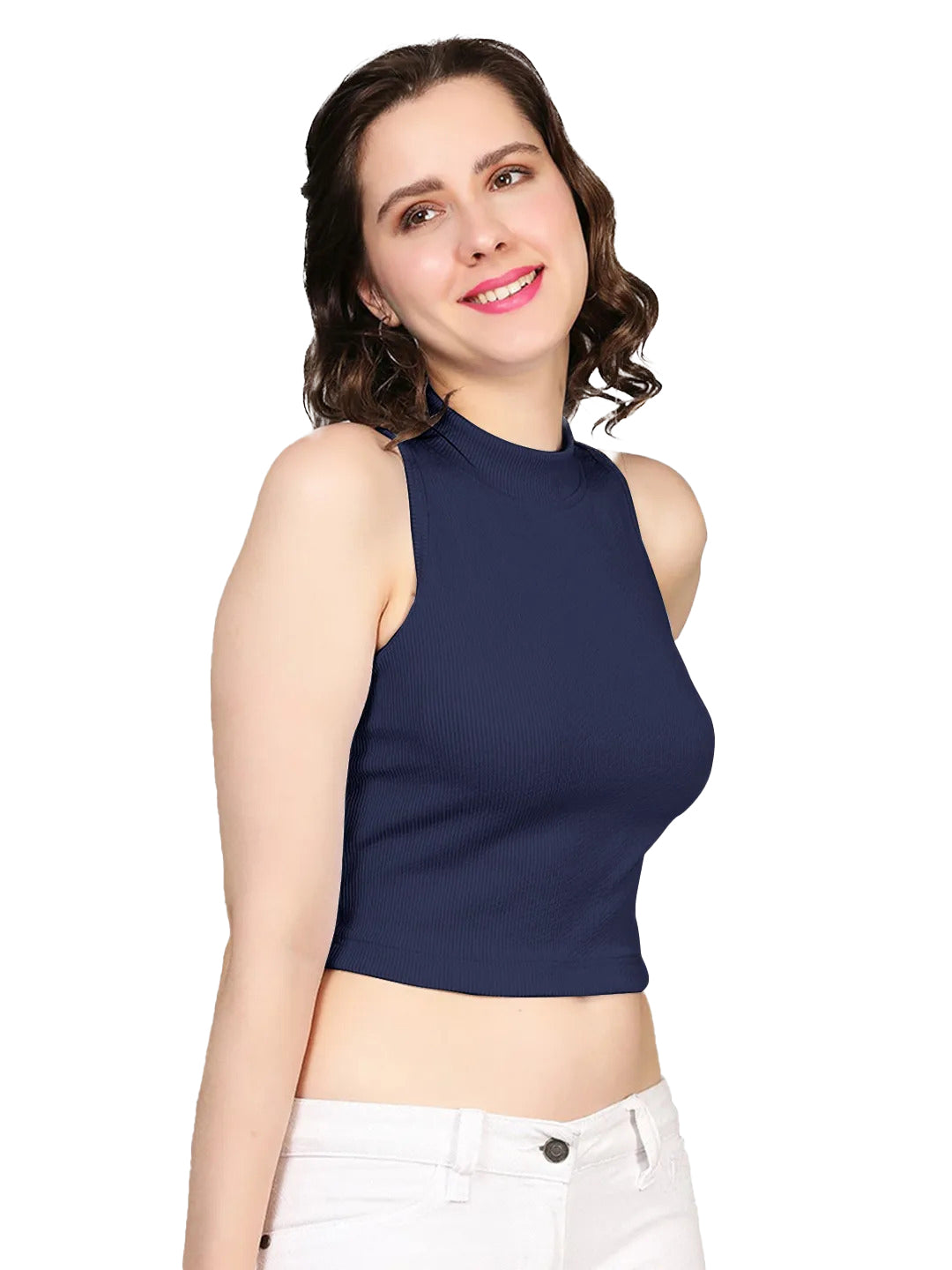 Radprix Women Navy Blue Rib Knit Crop Tank Top