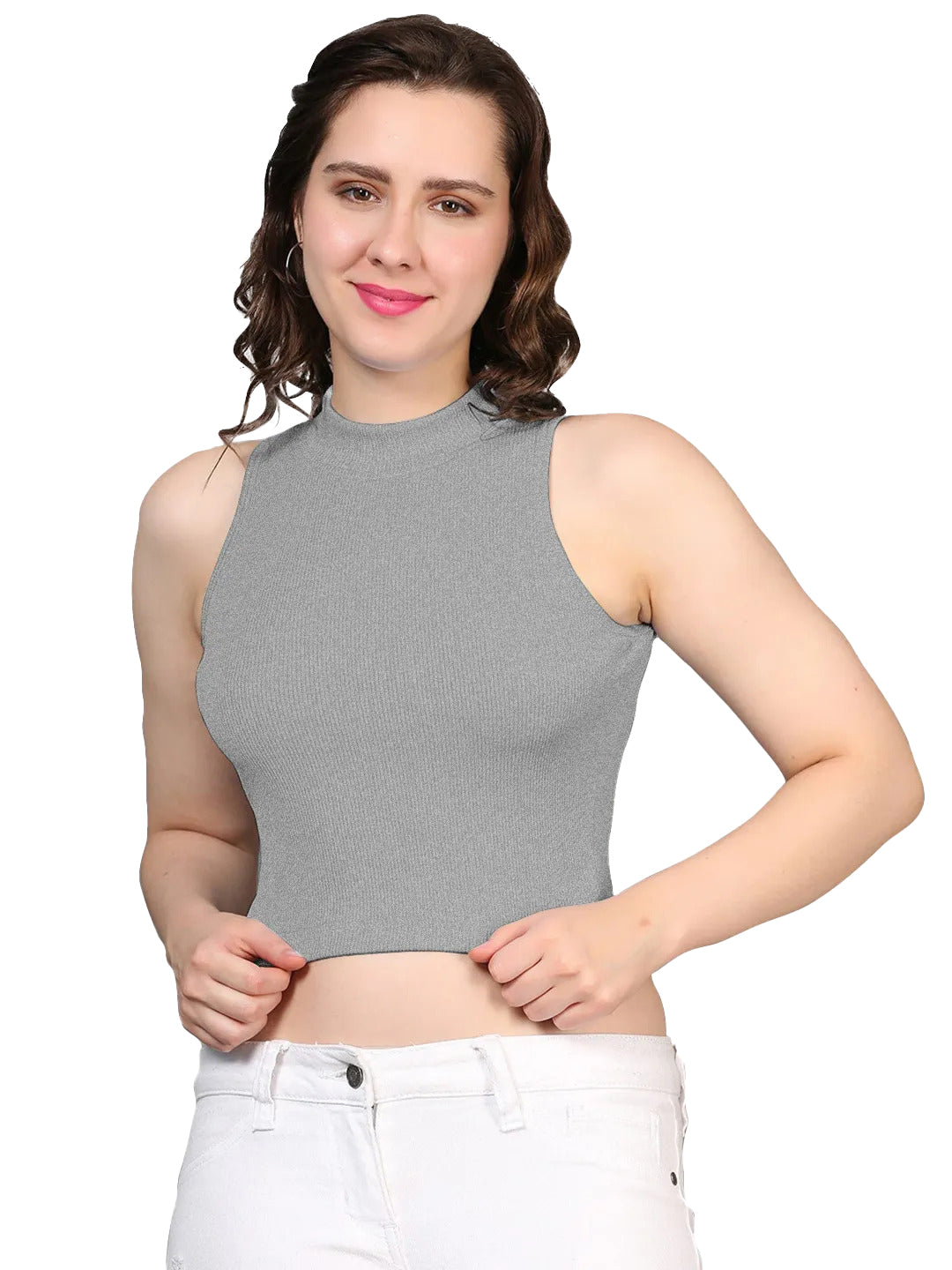 Radprix Women Grey Melange Rib Knit Crop Tank Top