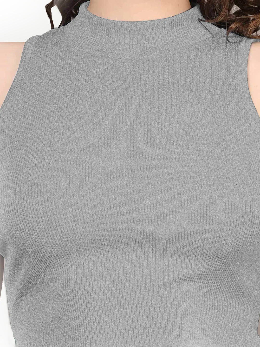 Radprix Women Grey Melange Rib Knit Crop Tank Top