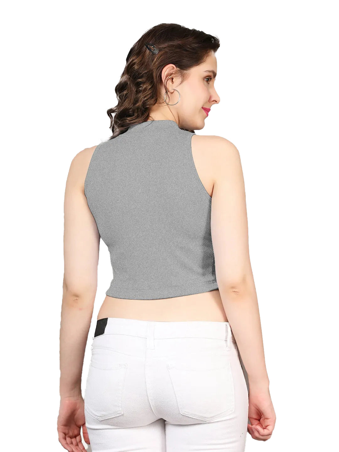 Radprix Women Grey Melange Rib Knit Crop Tank Top