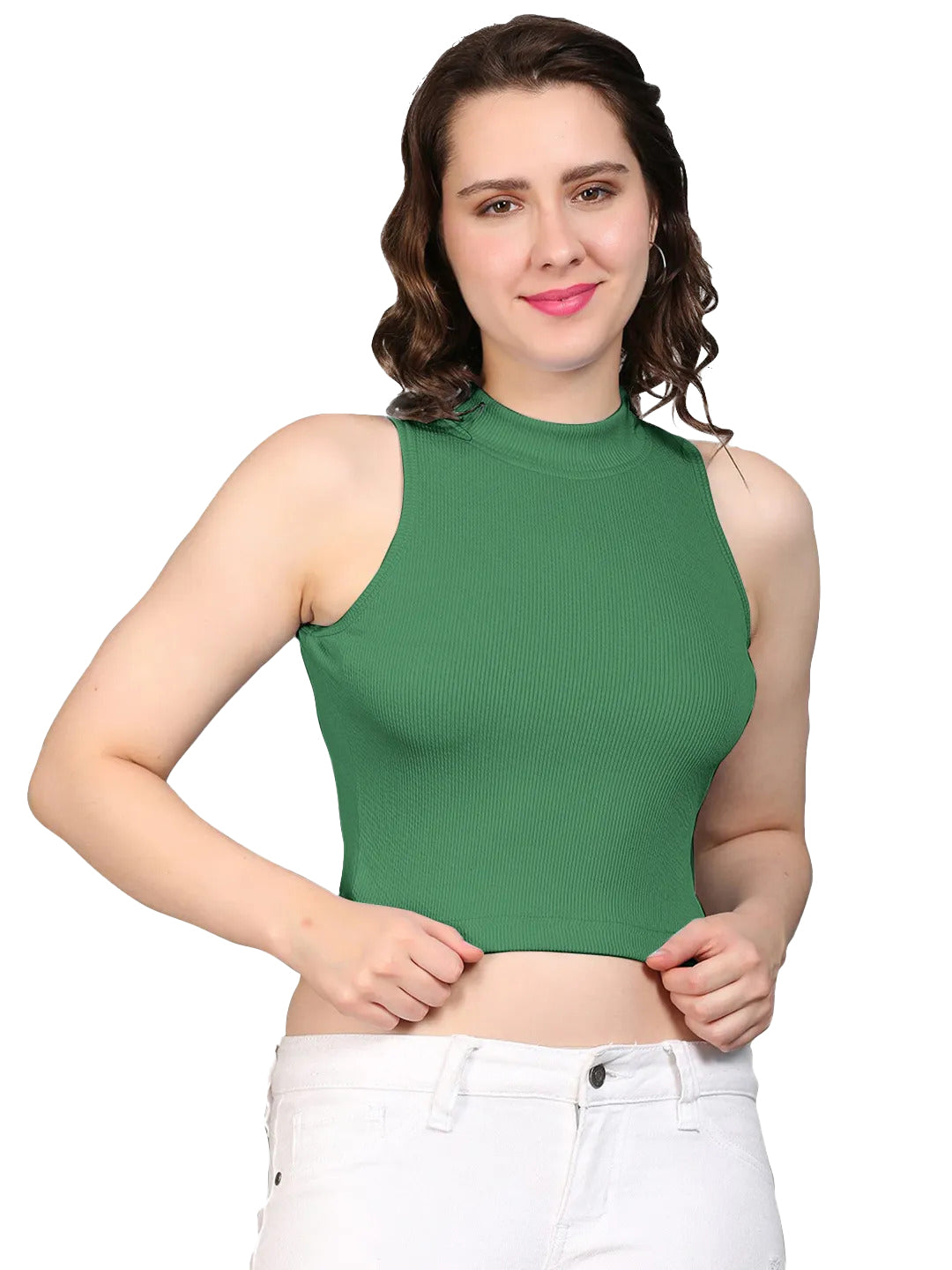 Radprix Women Sage Green Rib Knit Crop Tank Top