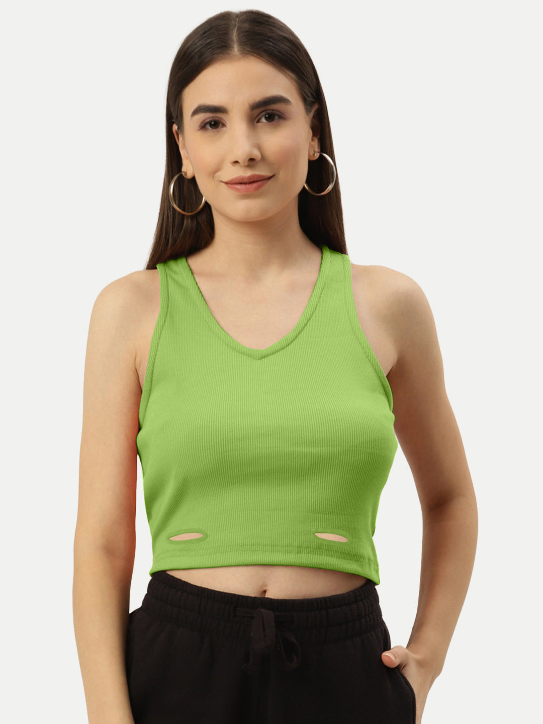 Radprix Women Neon Green Rib Knit Crop Tank Top