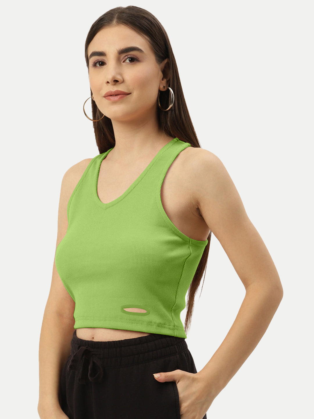 Radprix Women Neon Green Rib Knit Crop Tank Top