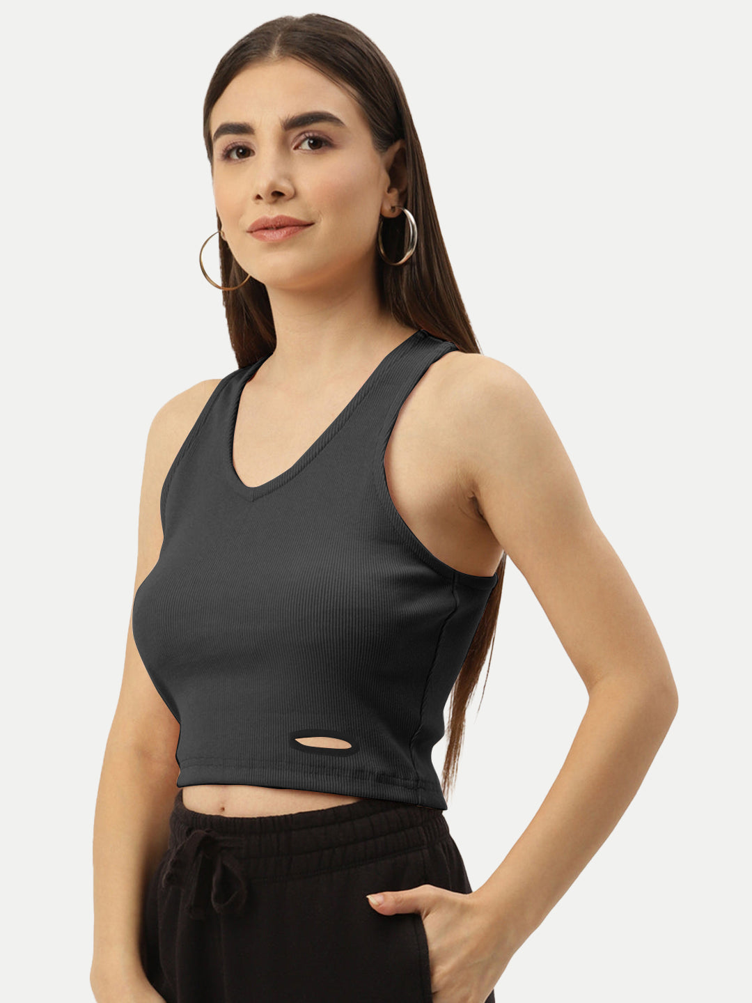 Radprix Women Black Rib Knit Crop Tank Top