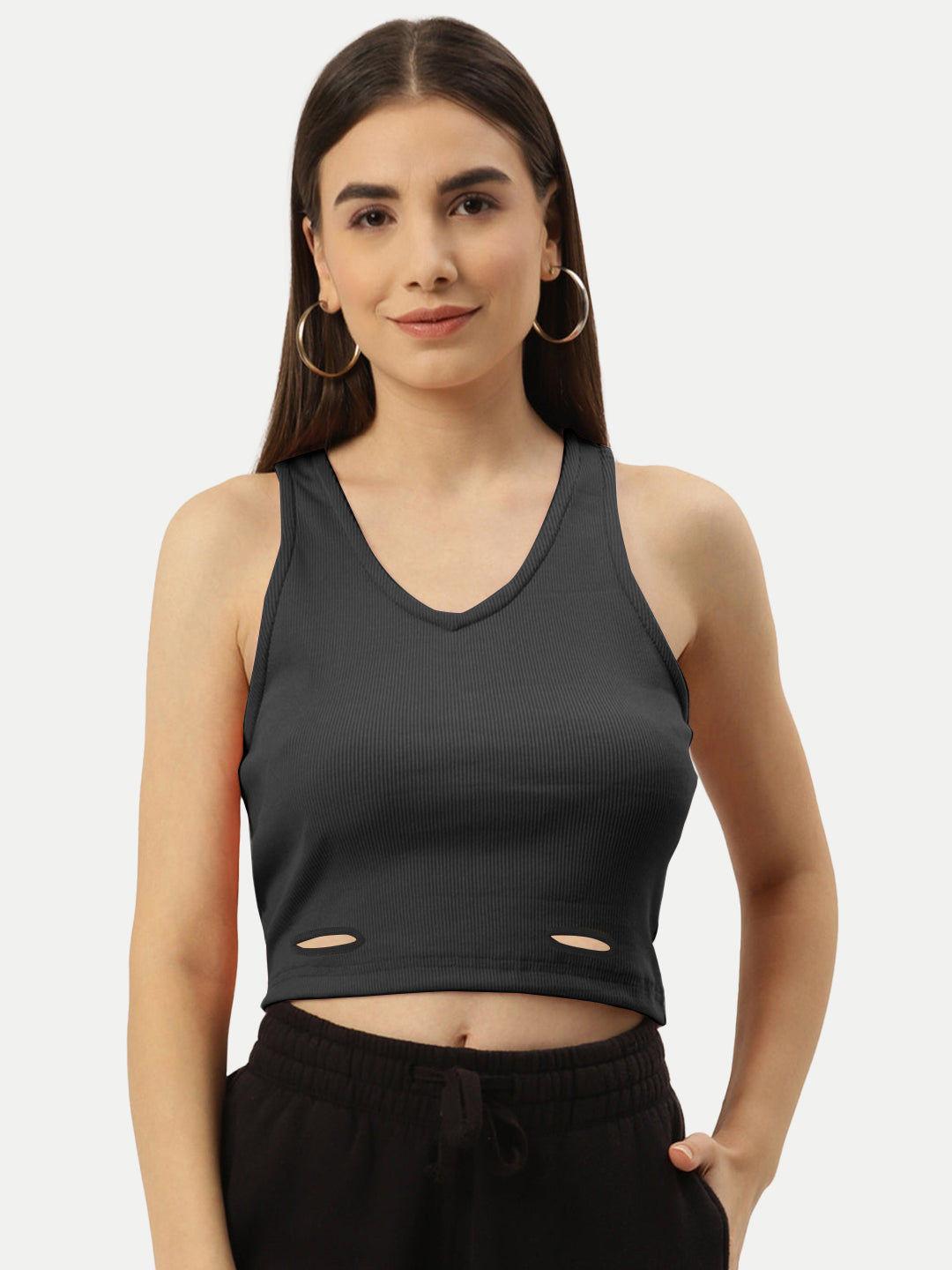 Radprix Women Black Rib Knit Crop Tank Top