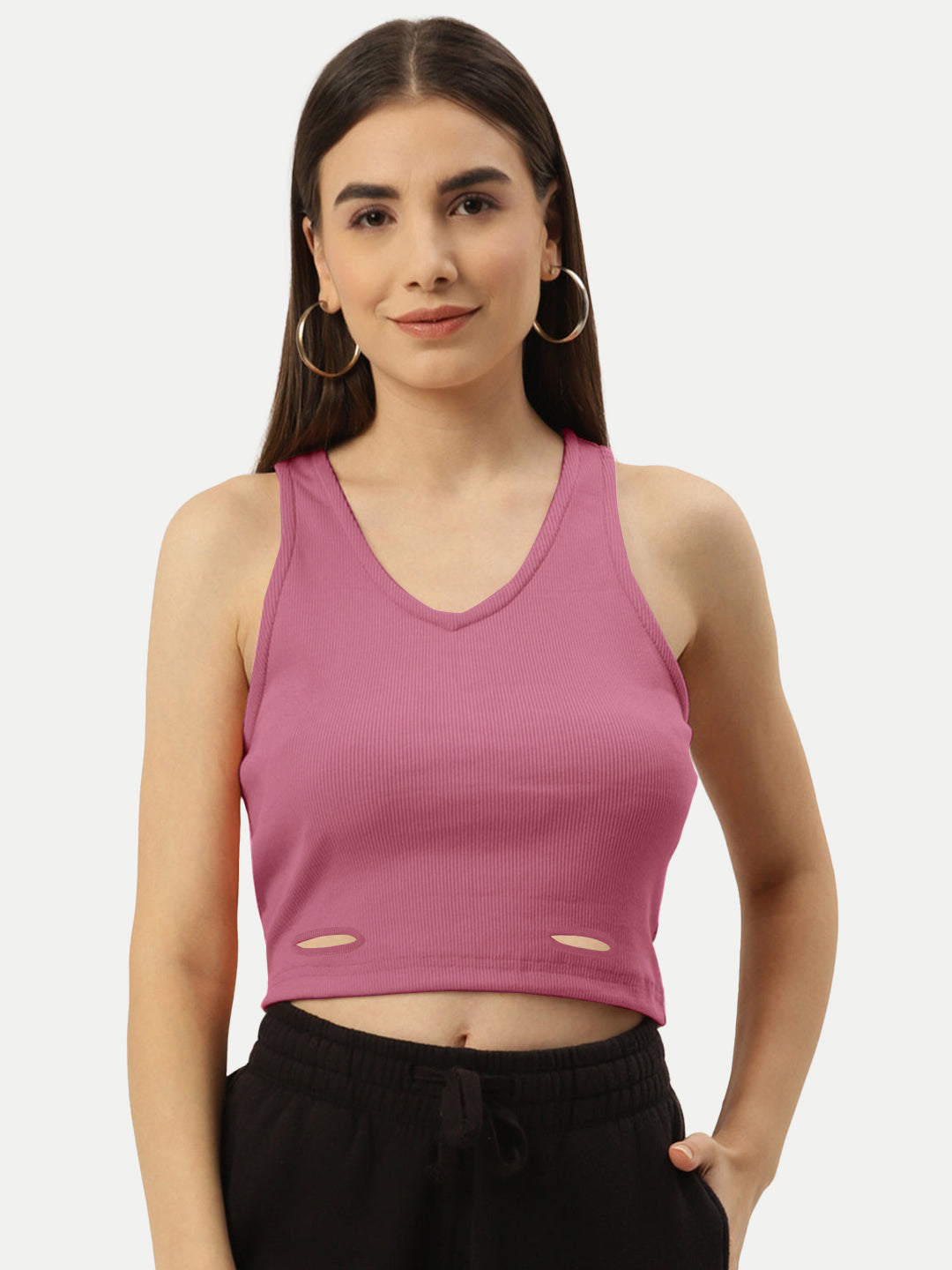 Radprix Women Pink Rib Knit Crop Tank Top