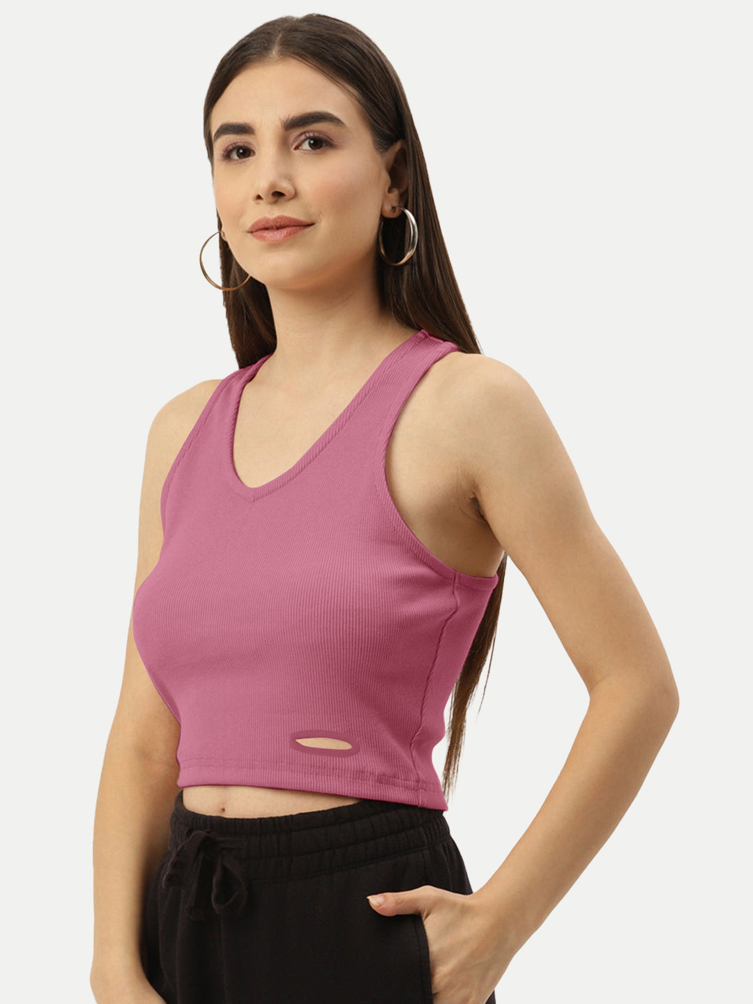 Radprix Women Pink Rib Knit Crop Tank Top