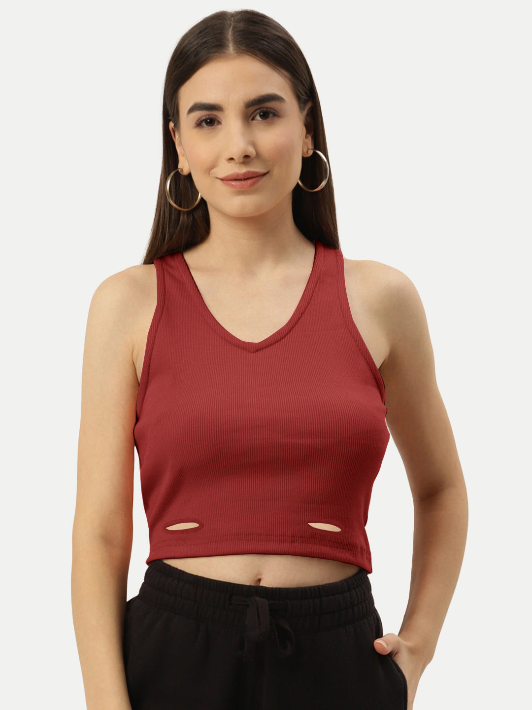 Radprix Women Red Rib Knit Crop Tank Top