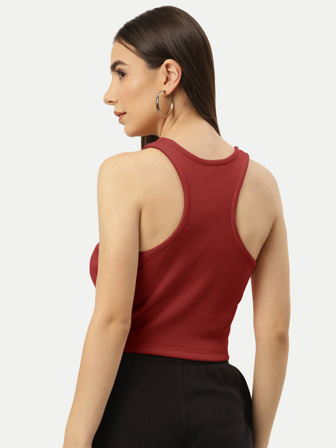 Radprix Women Red Rib Knit Crop Tank Top