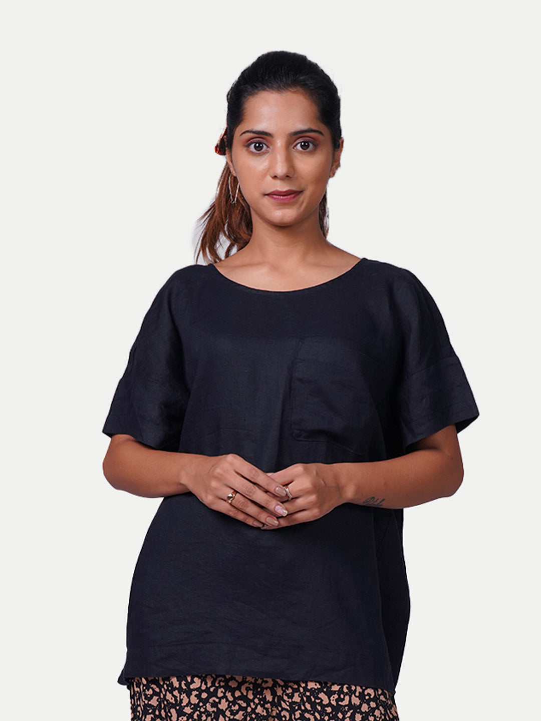 Radprix Women Solid Black Linen Top