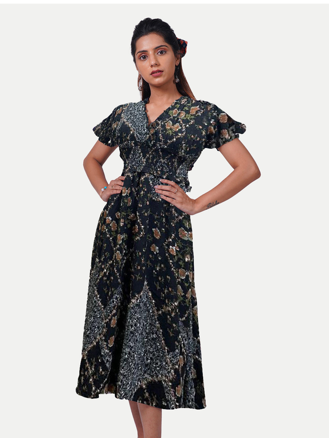 Radprix Women Black All Over Printed Midi Dress