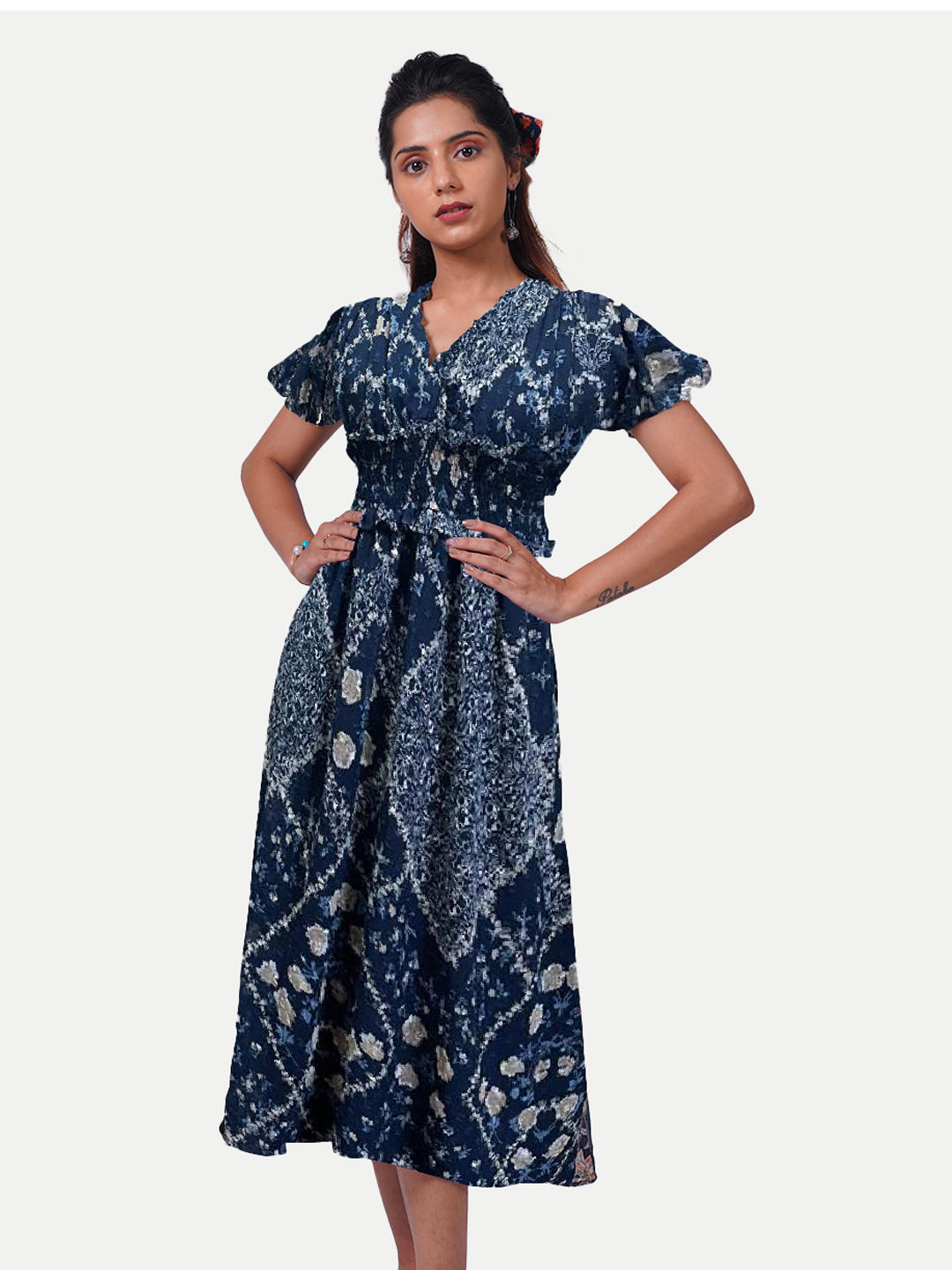 Radprix Women Navy Blue All Over Printed Midi Dress