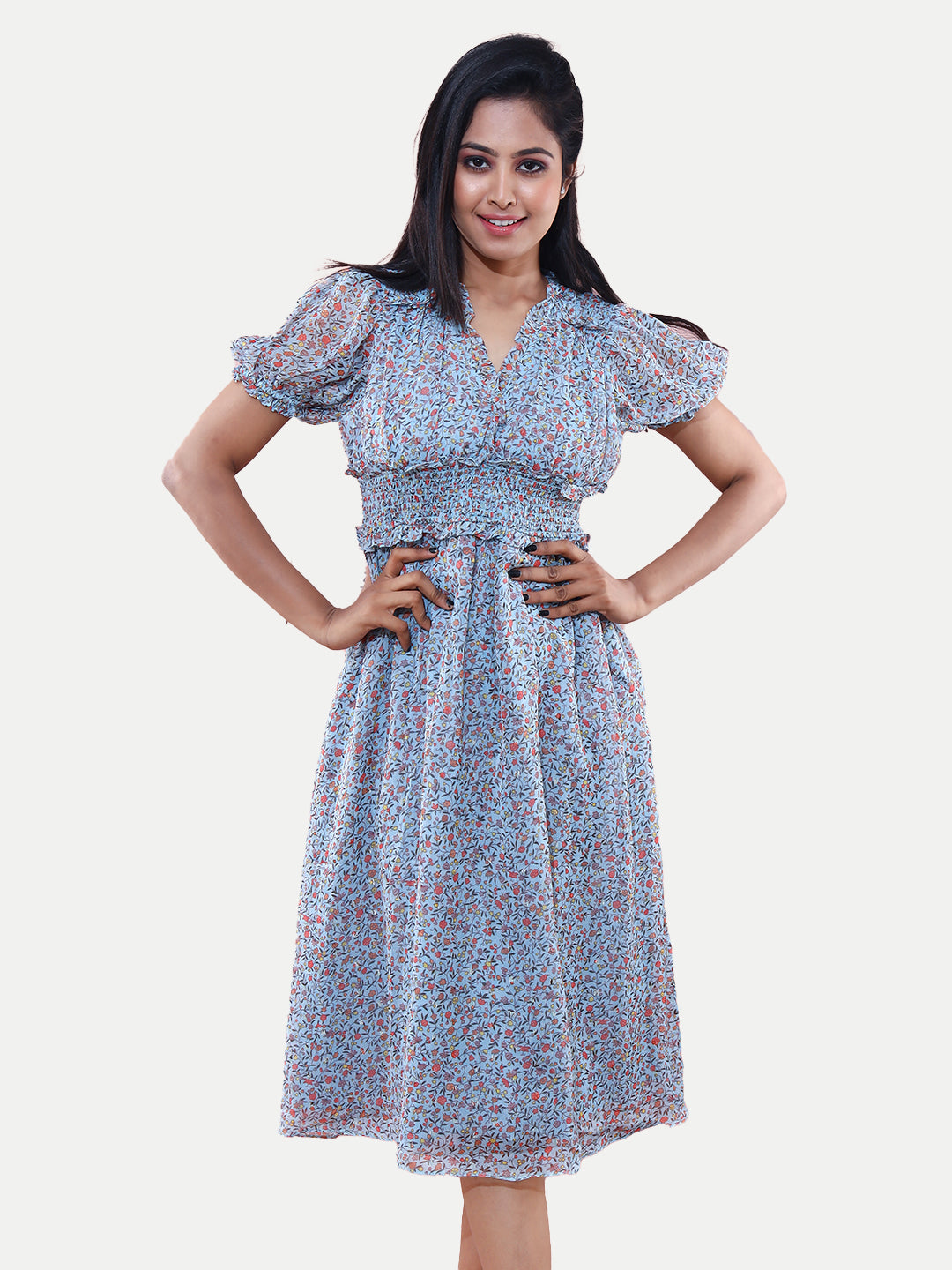 Radprix Women Sky Blue All Over Printed Midi Dress