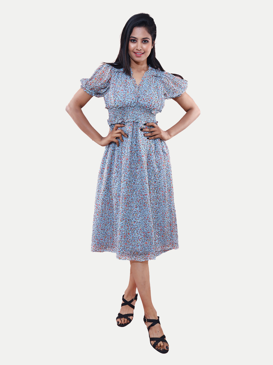 Radprix Women Sky Blue All Over Printed Midi Dress