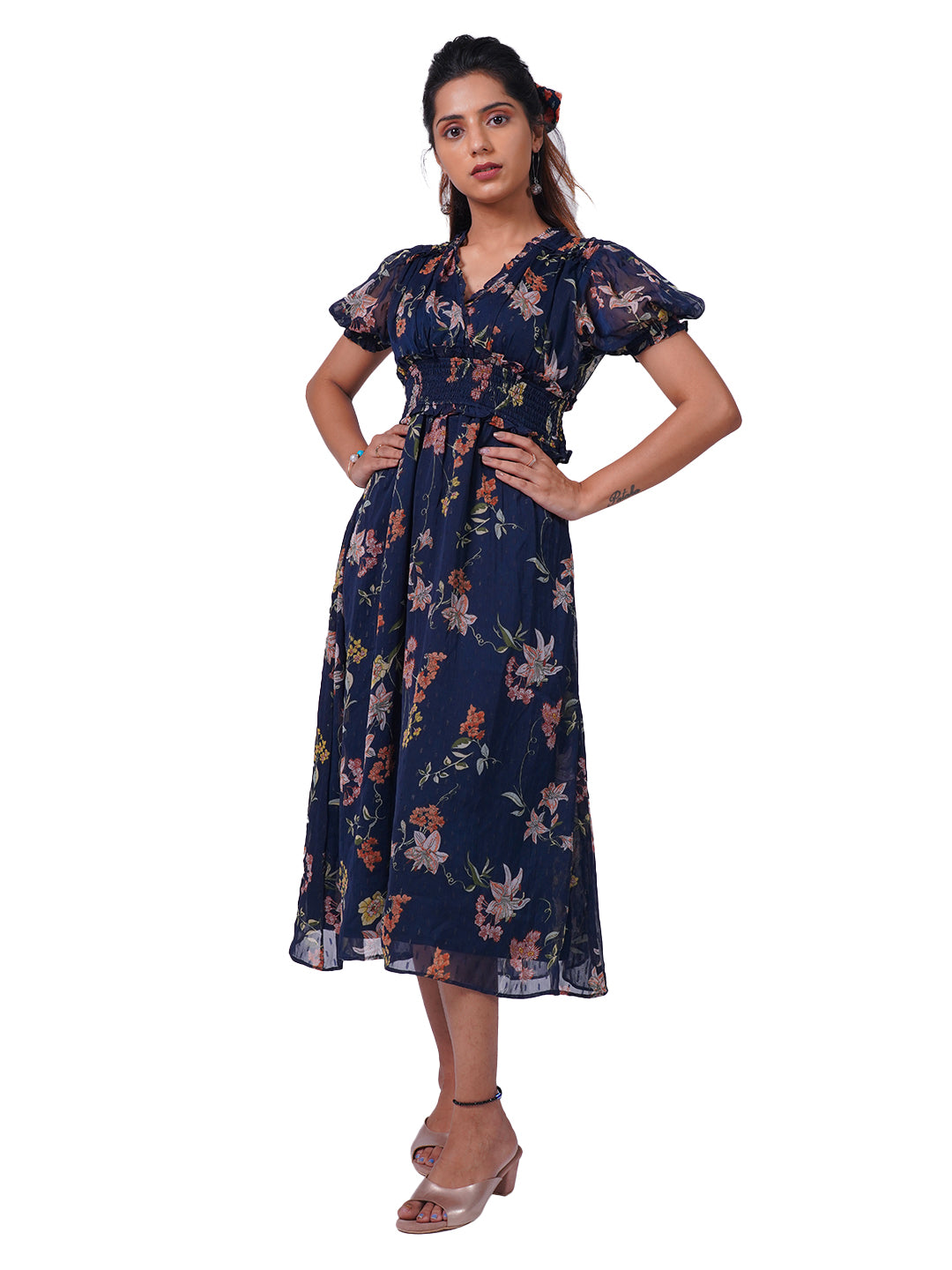 Radprix Women Dark Blue All Over Printed Midi Dress