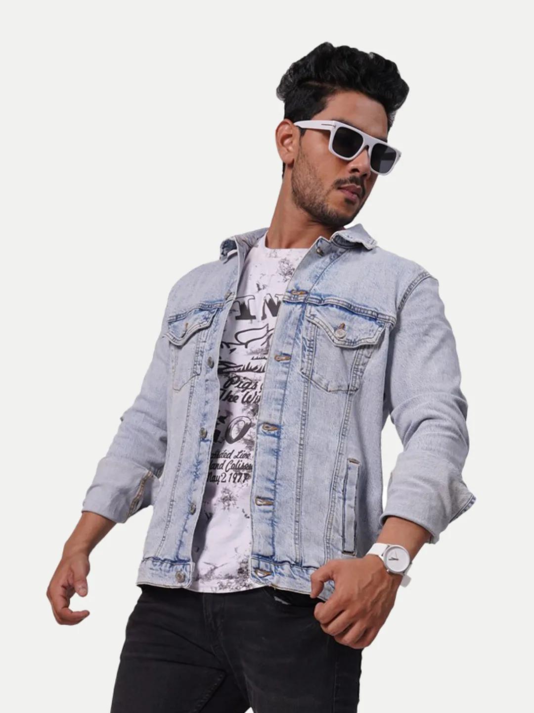 Men Ice Blue Tailored Denim Jacket with Shirt Collar ( MMDWJ100482 ...